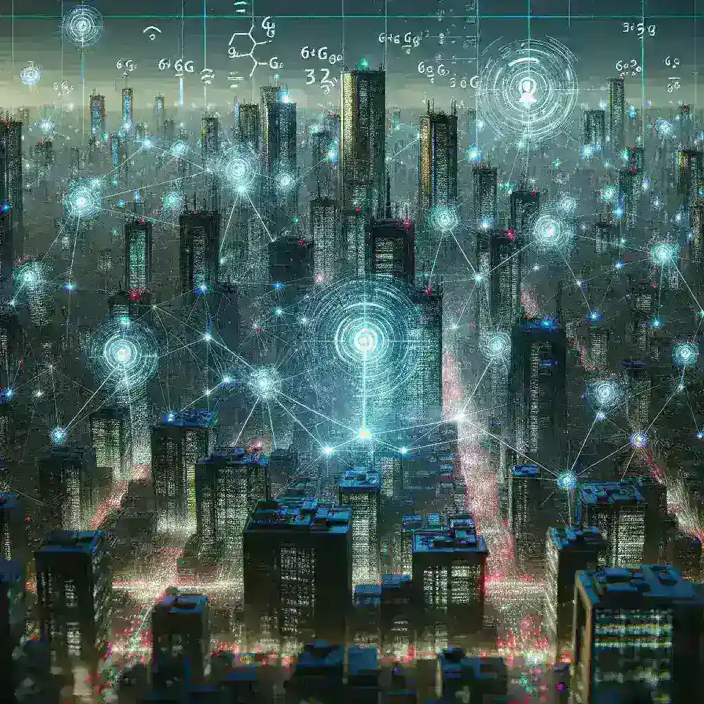 "Imagem ilustrativa destacando a evolução das redes de telecomunicações, mostrando a promessa da tecnologia 6G de suportar até 10 vezes mais dispositivos por quilômetro quadrado, simbolizando avanços na conectividade e Internet das Coisas (IoT)."