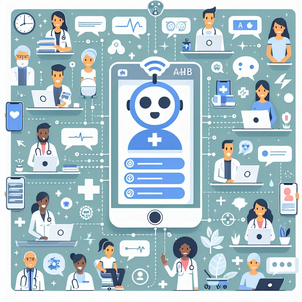 "Chatbots médicos com IA interagindo com pacientes, oferecendo respostas precisas e suporte 24 horas por dia para dúvidas de saúde."